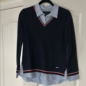 Navy V-Neck Sweater with Red and White Trim small new